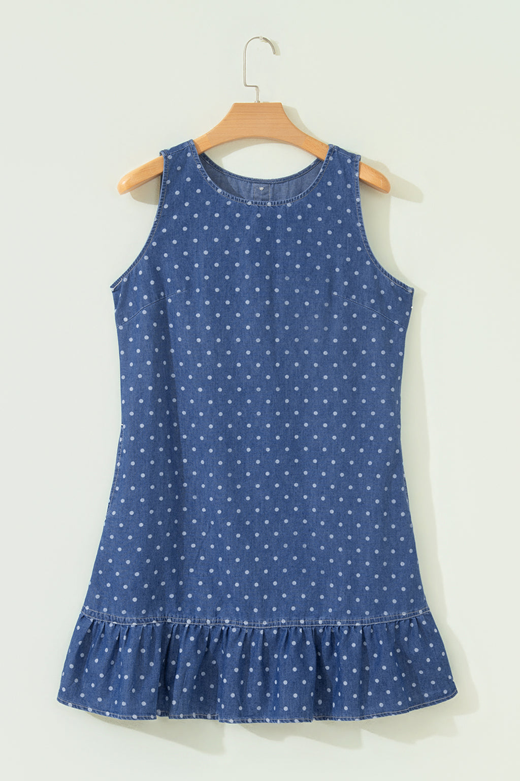 Blue Polka Dot Ruffle Sleeveless Denim Mini Dress