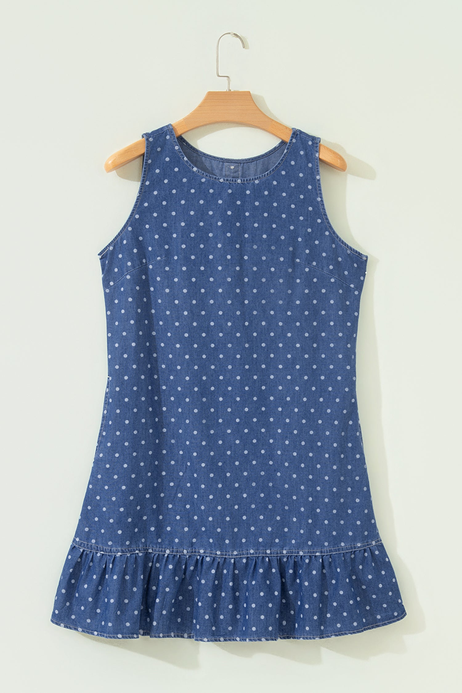 Blue Polka Dot Ruffle Sleeveless Denim Mini Dress