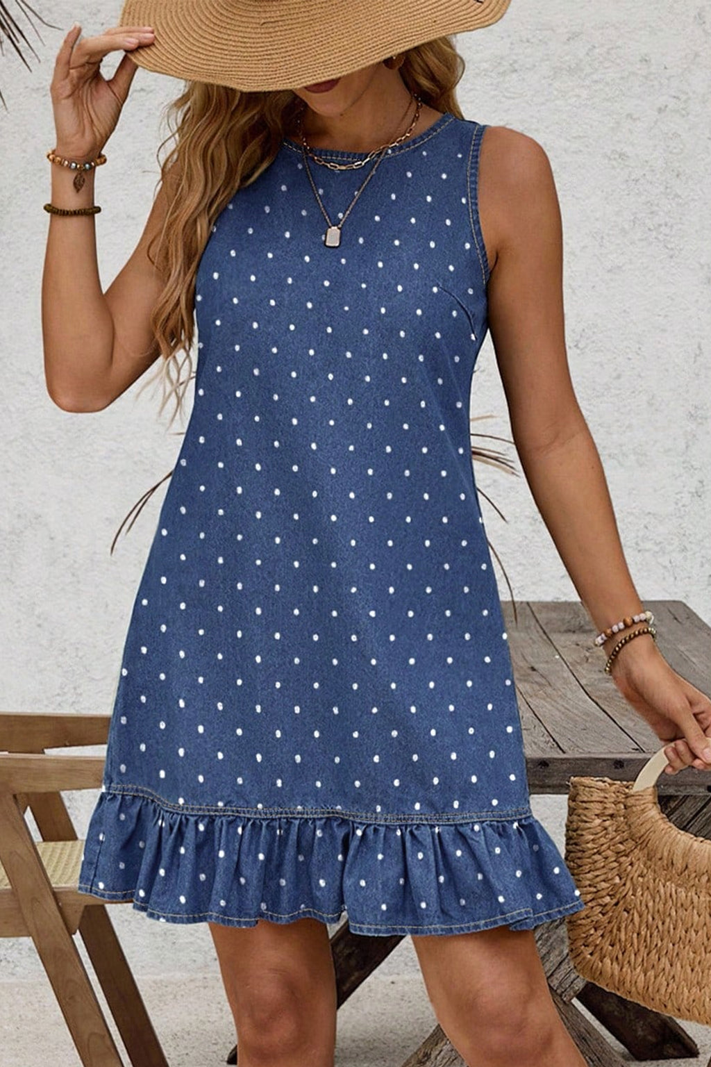 Blue Polka Dot Ruffle Sleeveless Denim Mini Dress
