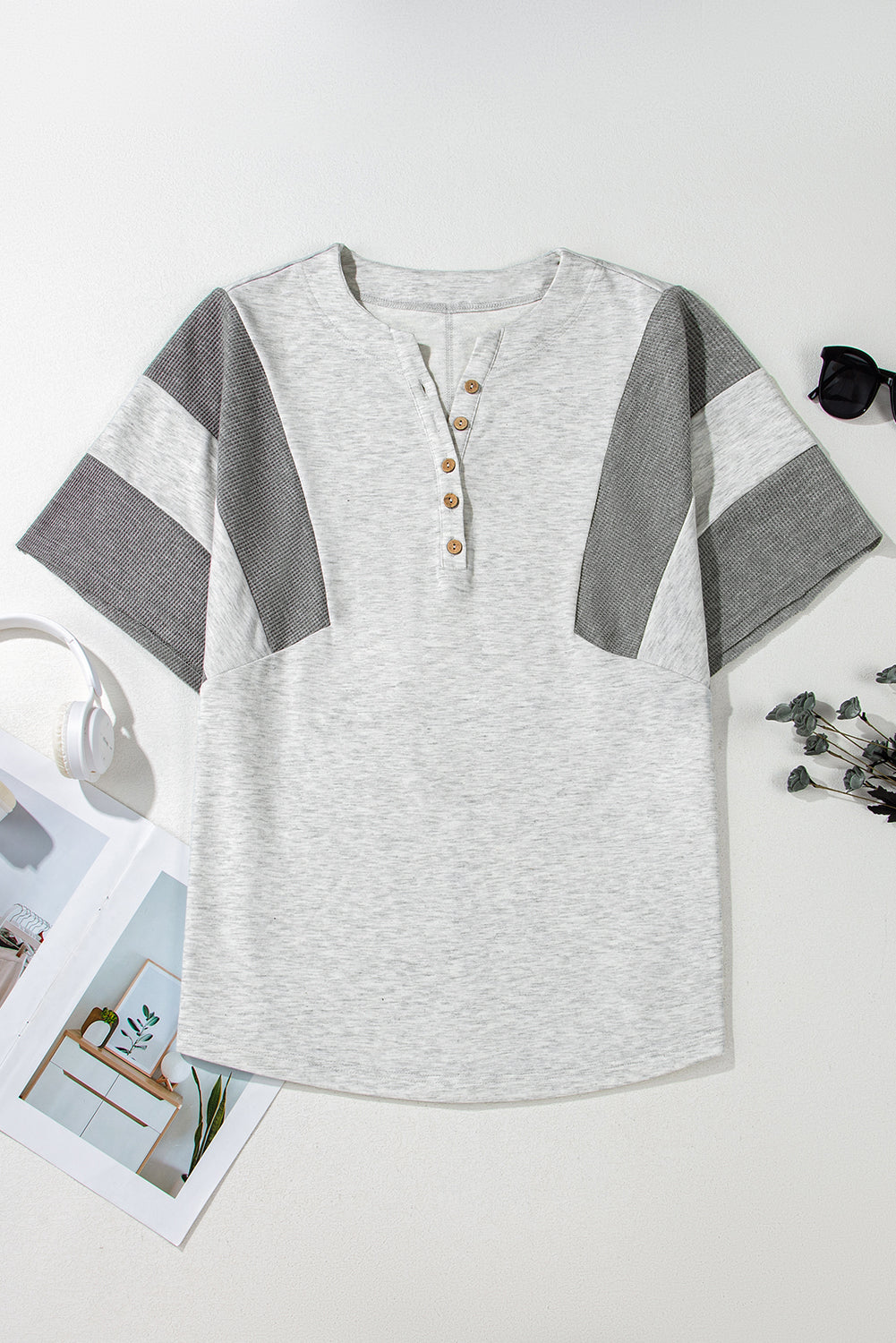 Two Tone Contrast Waffle Knit Patched Buttoned V Neck Top