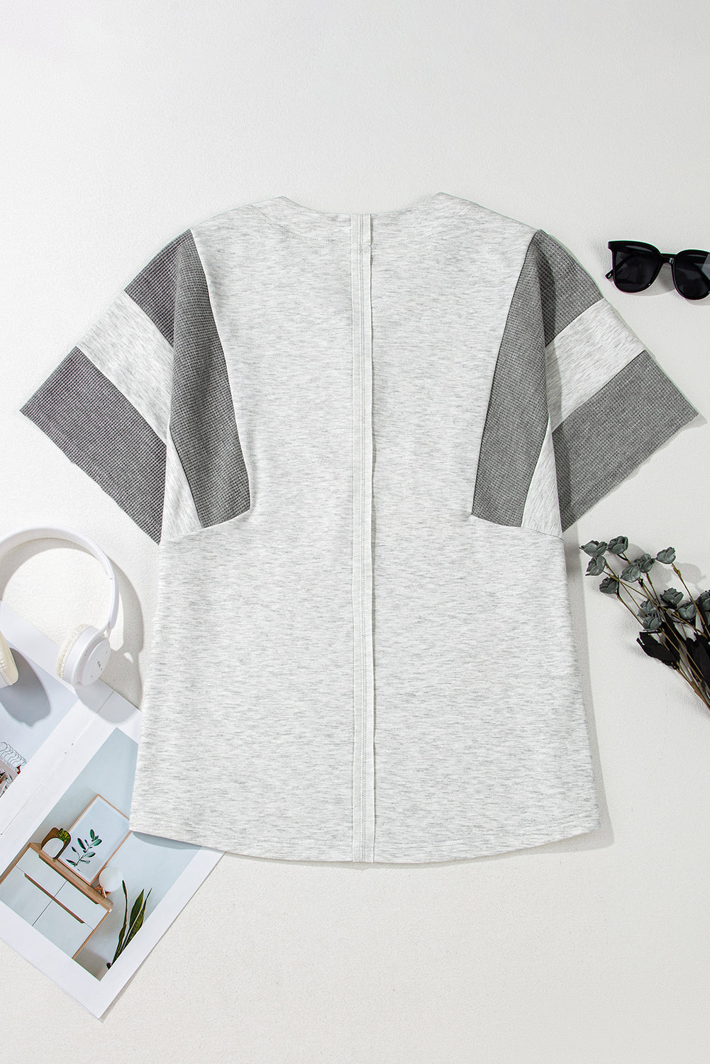 Two Tone Contrast Waffle Knit Patched Buttoned V Neck Top