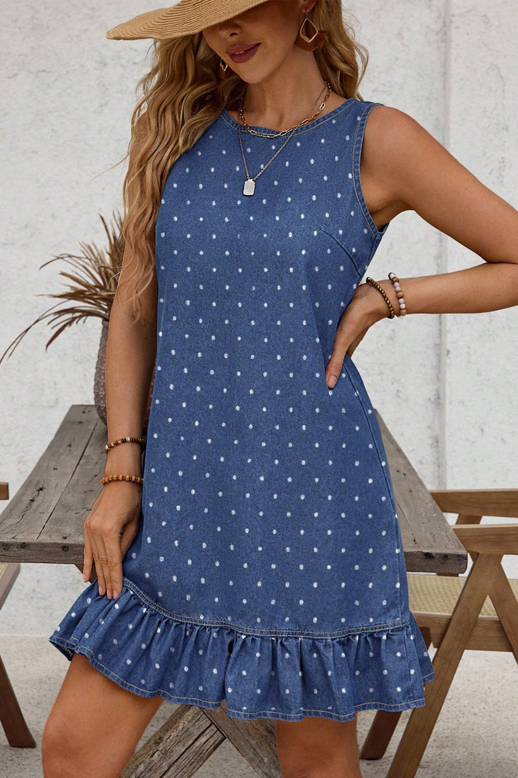 Blue Polka Dot Ruffle Sleeveless Denim Mini Dress