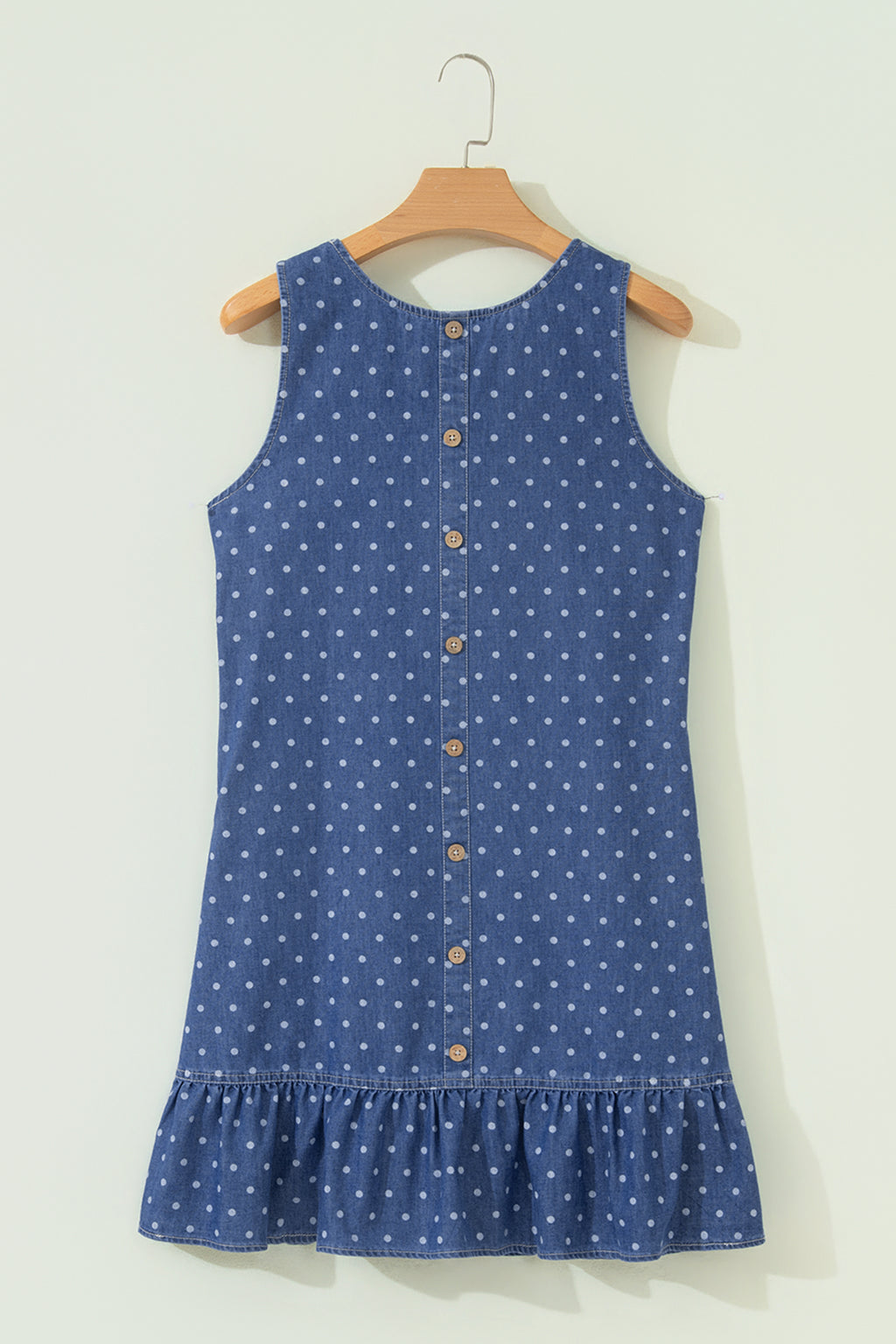 Blue Polka Dot Ruffle Sleeveless Denim Mini Dress