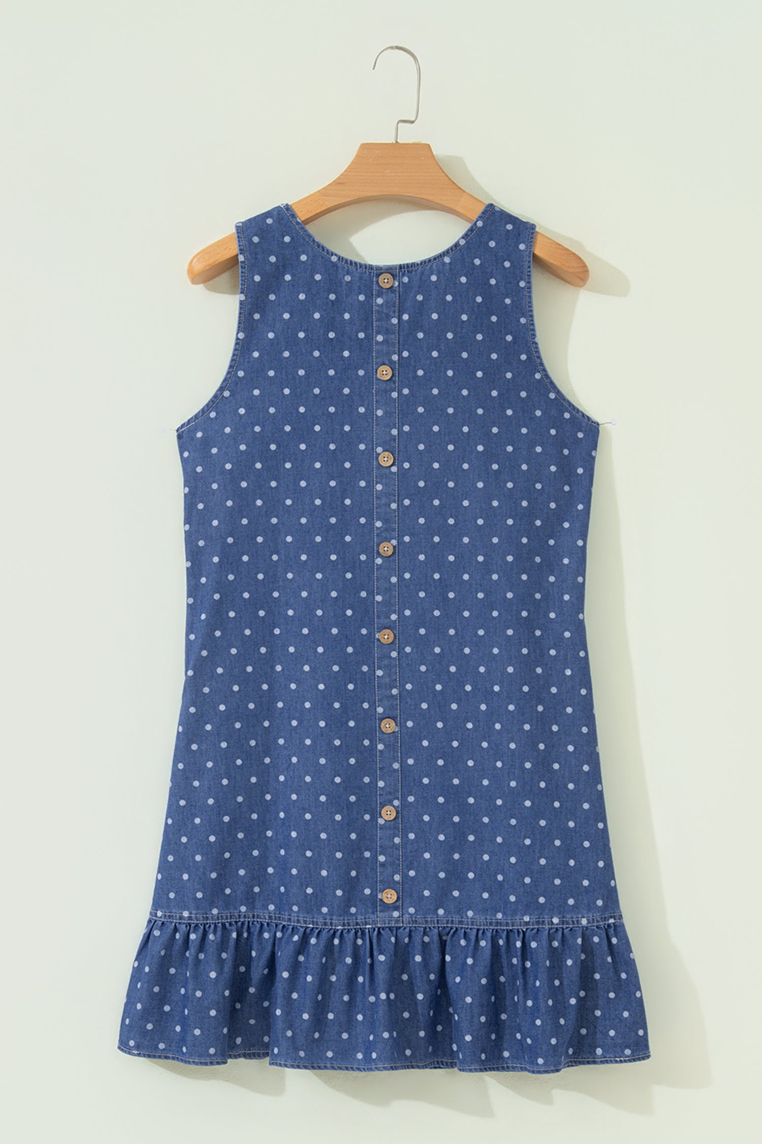 Blue Polka Dot Ruffle Sleeveless Denim Mini Dress