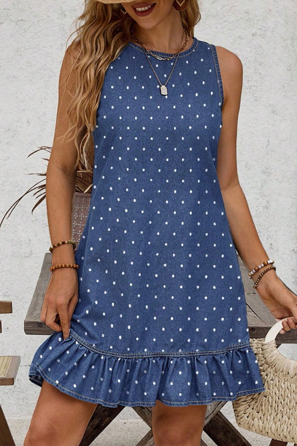 Blue Polka Dot Ruffle Sleeveless Denim Mini Dress